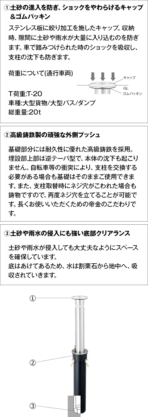 帝金バリカー 車止め上下式 ステンレス製 φ114.3 GLH=700 KS-10 - 5