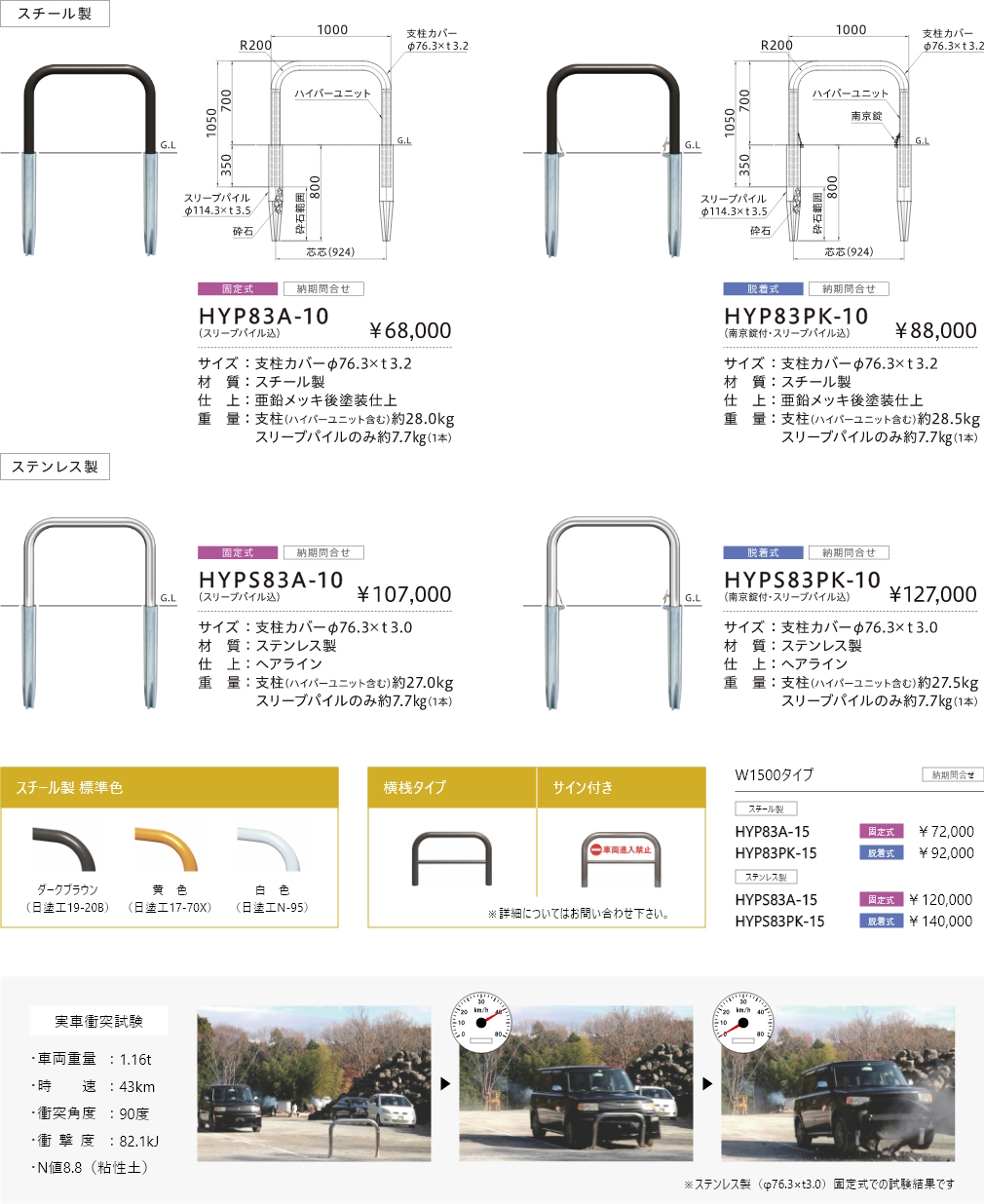 「HYP83A-10（スリーブパイル込）」サイズ：支柱カバーφ76.3×ｔ3.2 材質：スチール製 仕上：亜鉛メッキ後塗装仕上 重量：支柱（ハイパーユニット含む）約28.0kg、スリーブパイルのみ約7.7㎏（1本）、「HYP83PK-10（南京錠付・スリーブパイル込）」 サイズ：支柱カバーφ76.3×ｔ3.2 材質：スチール製 仕上：亜鉛メッキ後塗装仕上 重量：支柱（ハイパーユニット含む）約28.5kg、スリーブパイルのみ約7.7㎏（1本）、「HYPS83A-10（スリーブパイル込）」サイズ：支柱カバーφ76.3×ｔ3.0 材質：ステンレス製 仕上：ヘアライン 重量：支柱（ハイパーユニット含む）約27.0kg、スリーブパイルのみ約7.7㎏（1本）、「HYPS83PK-10（南京錠付・スリーブパイル込）」サイズ：支柱カバーφ76.3×ｔ3.0 材質：ステンレス製 仕上：ヘアライン 重量：支柱（ハイパーユニット含む）約27.5kg、スリーブパイルのみ約7.7㎏（1本）、実車衝突試験 車両重量：1.16t 時速：43km 衝突角度：90度 衝撃度：82.1kJ N値8.8（粘性土）